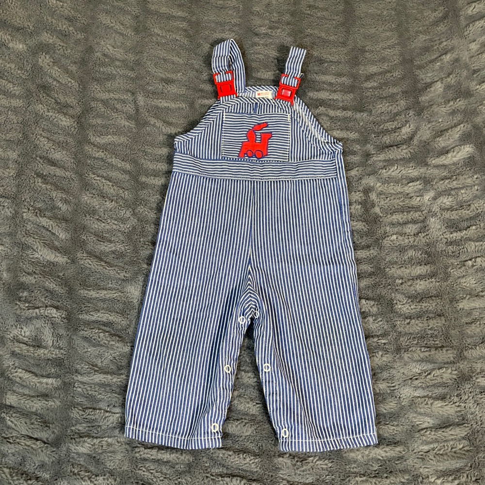 Sears Kids Blue White Stripe Train Overalls Size M 20-25lbs VTG 80s 90s‎